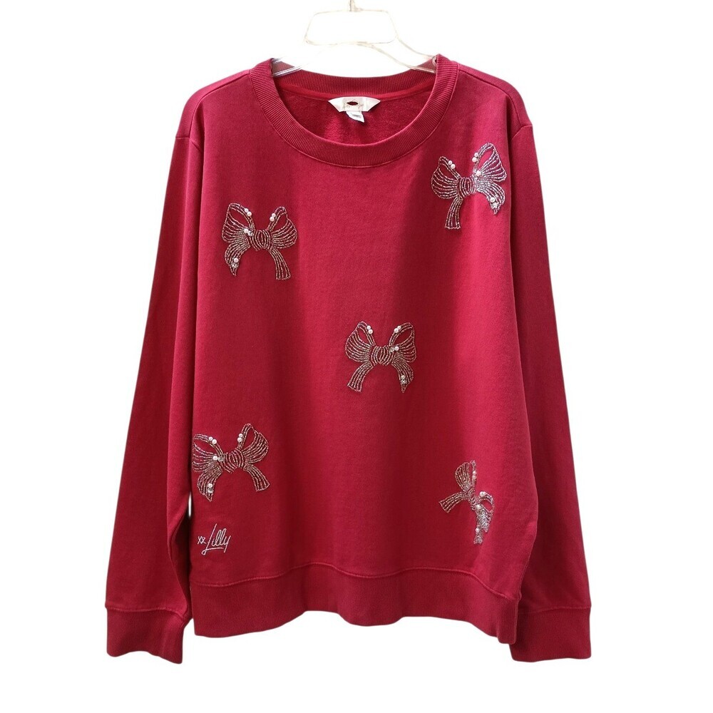 Lilly Pulitzer Ballad Sweatshirt Large Malbec Red Bow Terry Pullover Top - Picture 2 of 8